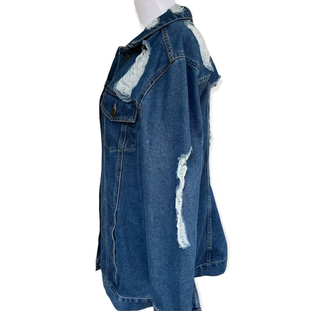 Boom Boom Jeans Medium Wash Destroyed Trucker Style Denim Jacket XL